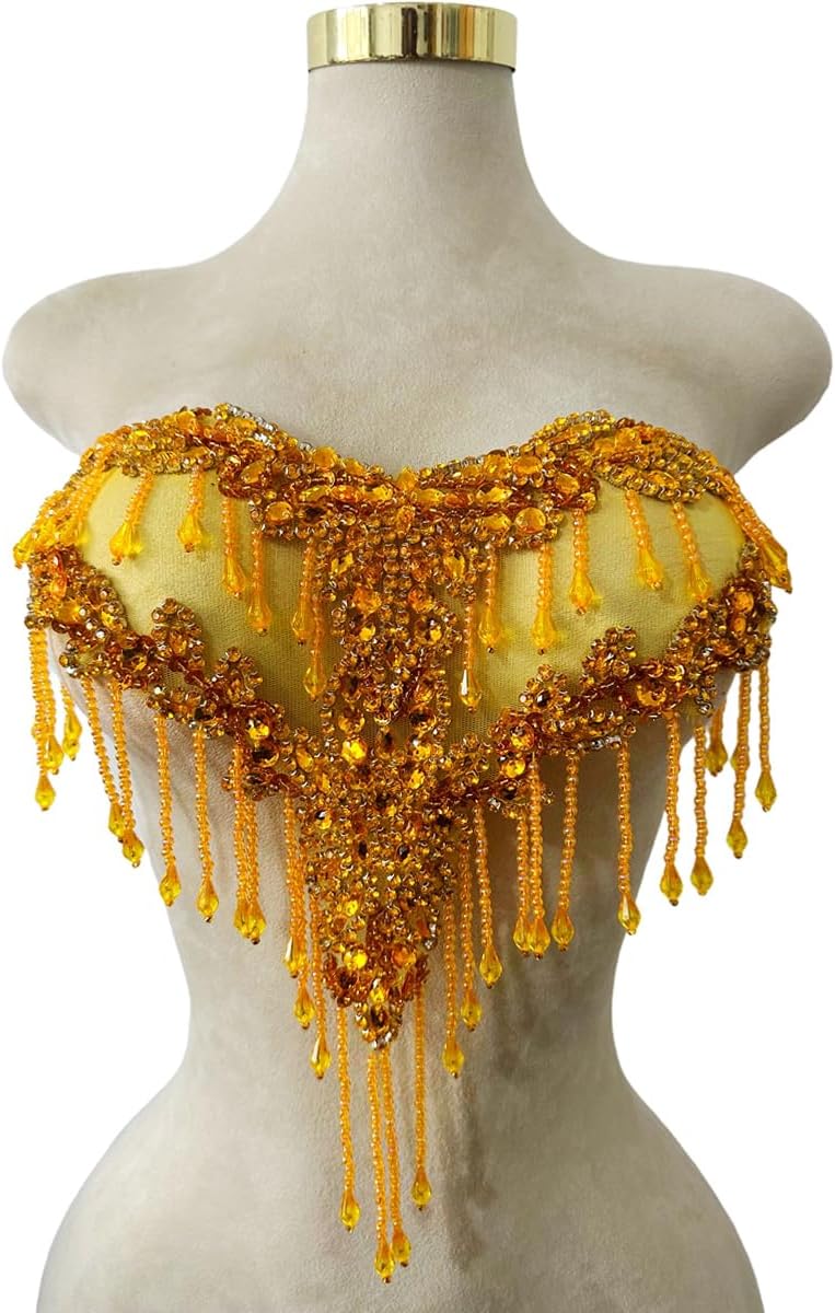 MOPISVN Handmade Crystal on lace Applique Sewing Rhinestones Fringe Beads Sequins Patches Trim Luxury Decoration Accessories for Wedding Dress 17X12.5inches (Gold) - Image 1